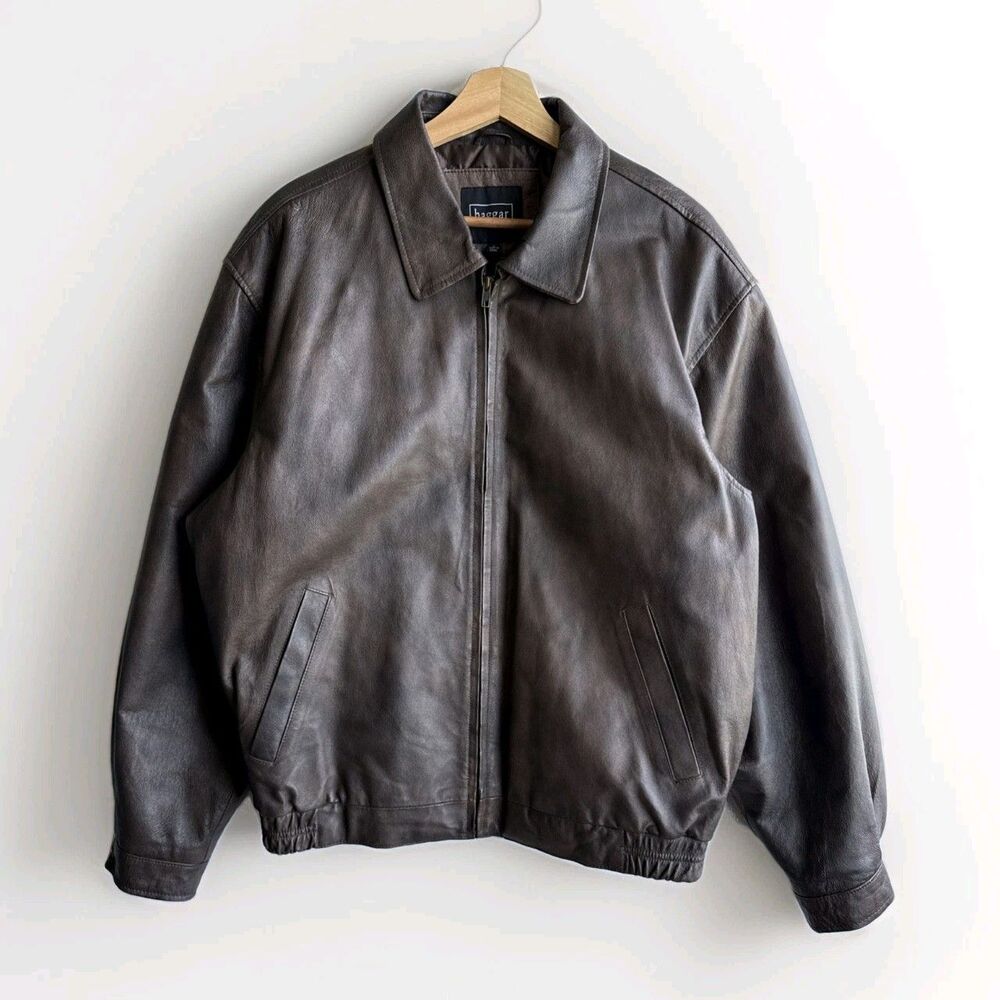 Haggar Brown Leather Bomber Jacket Full Zip Quilted Lining Men's Large Outdoor